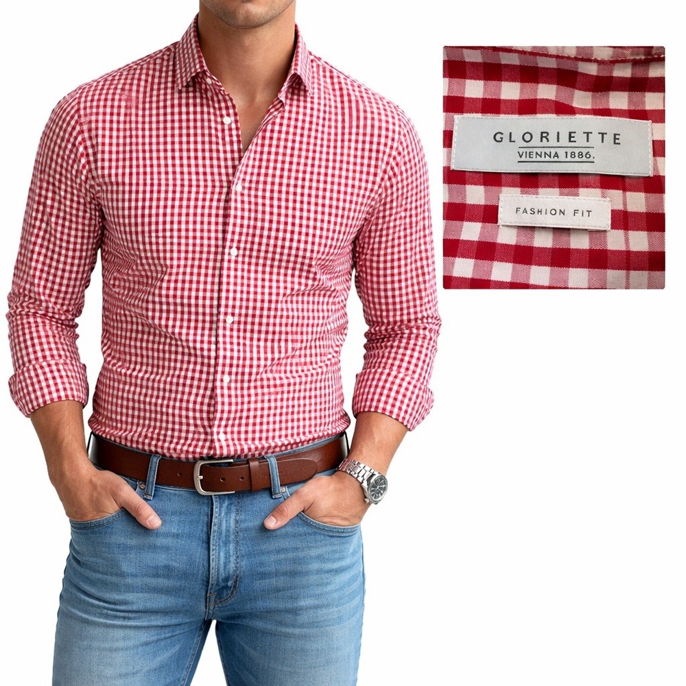 Gloriette Vienna 1886 Mens Shirt EU 41 Fashion Fit Red Gingham Cotton Button Up